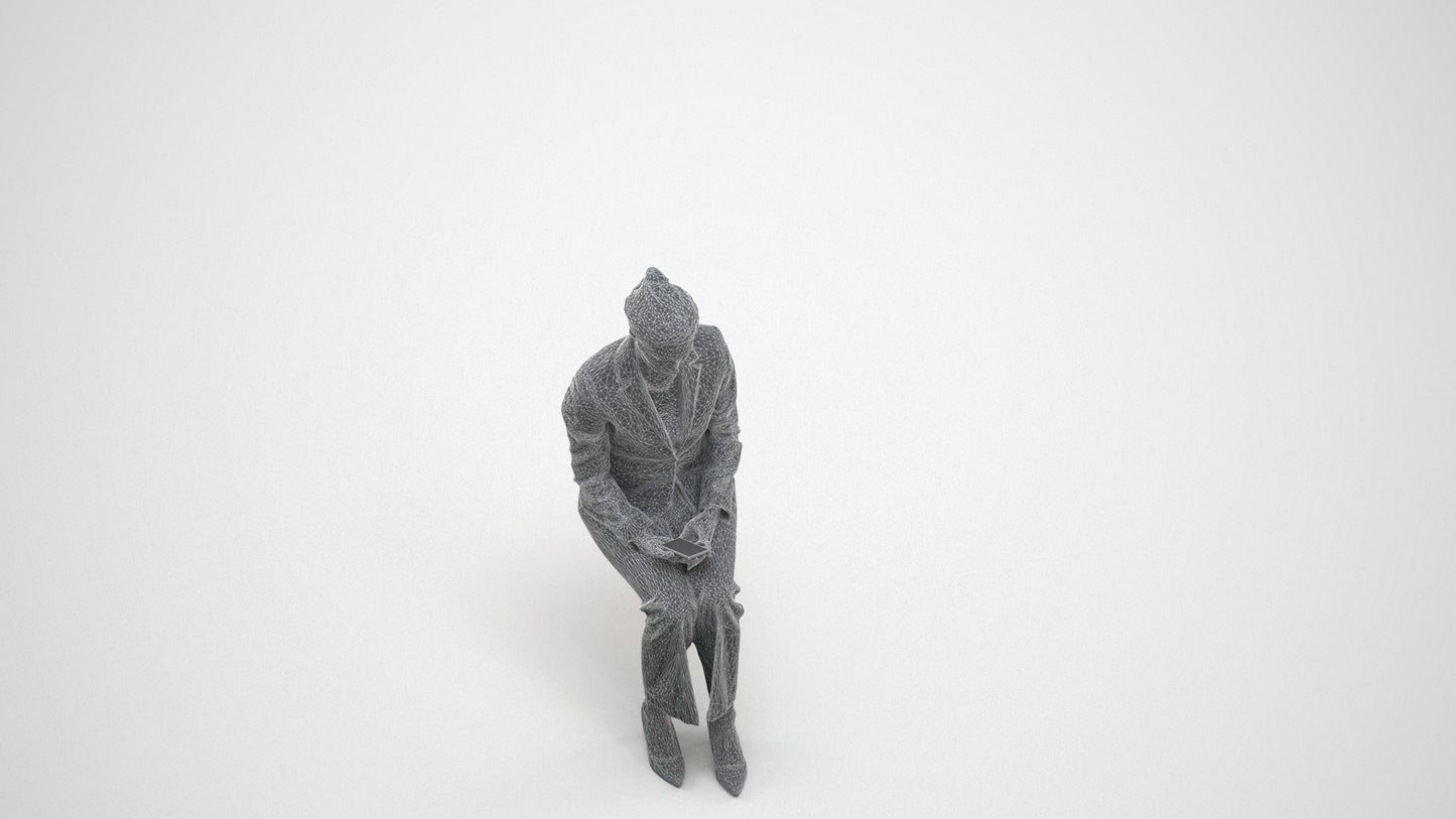 photogrammetry 3D woman business sitting, realistic human model archviz FBX, wireframe three-quarter view