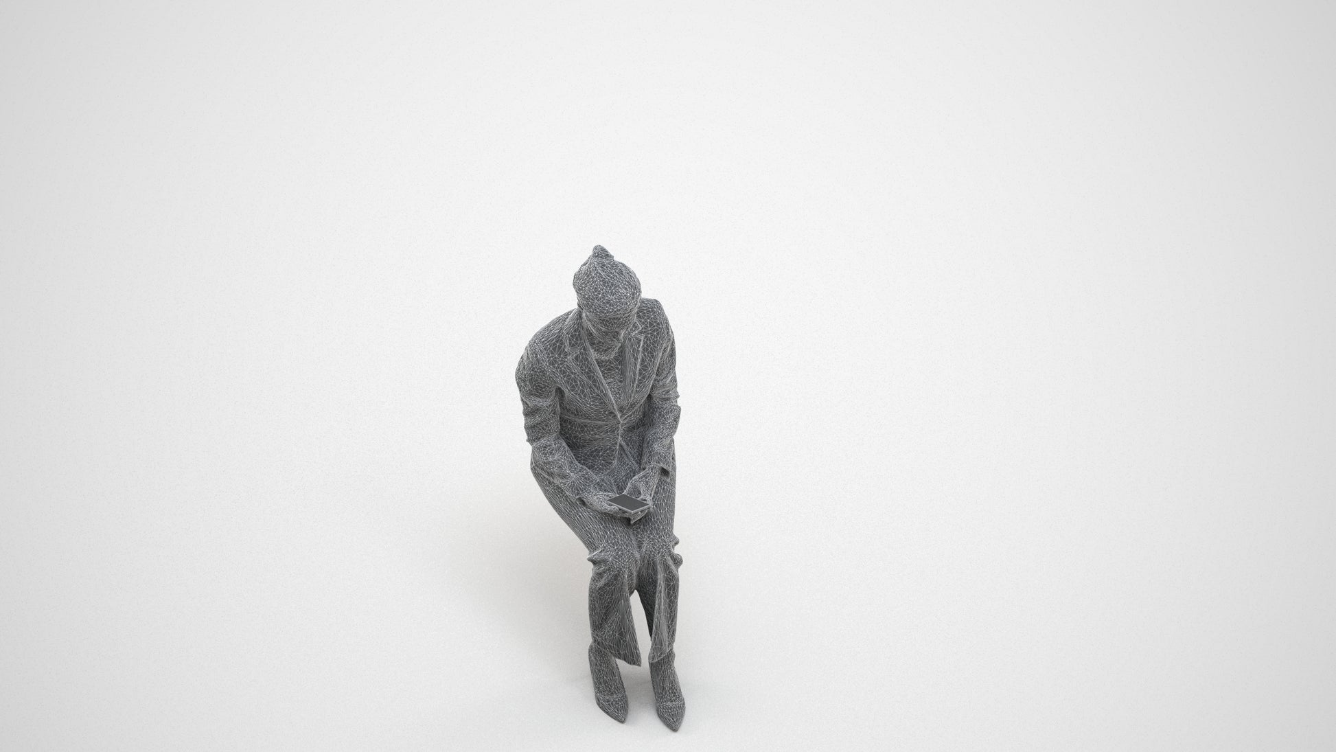 photogrammetry 3D woman business sitting, realistic human model archviz FBX, wireframe three-quarter view