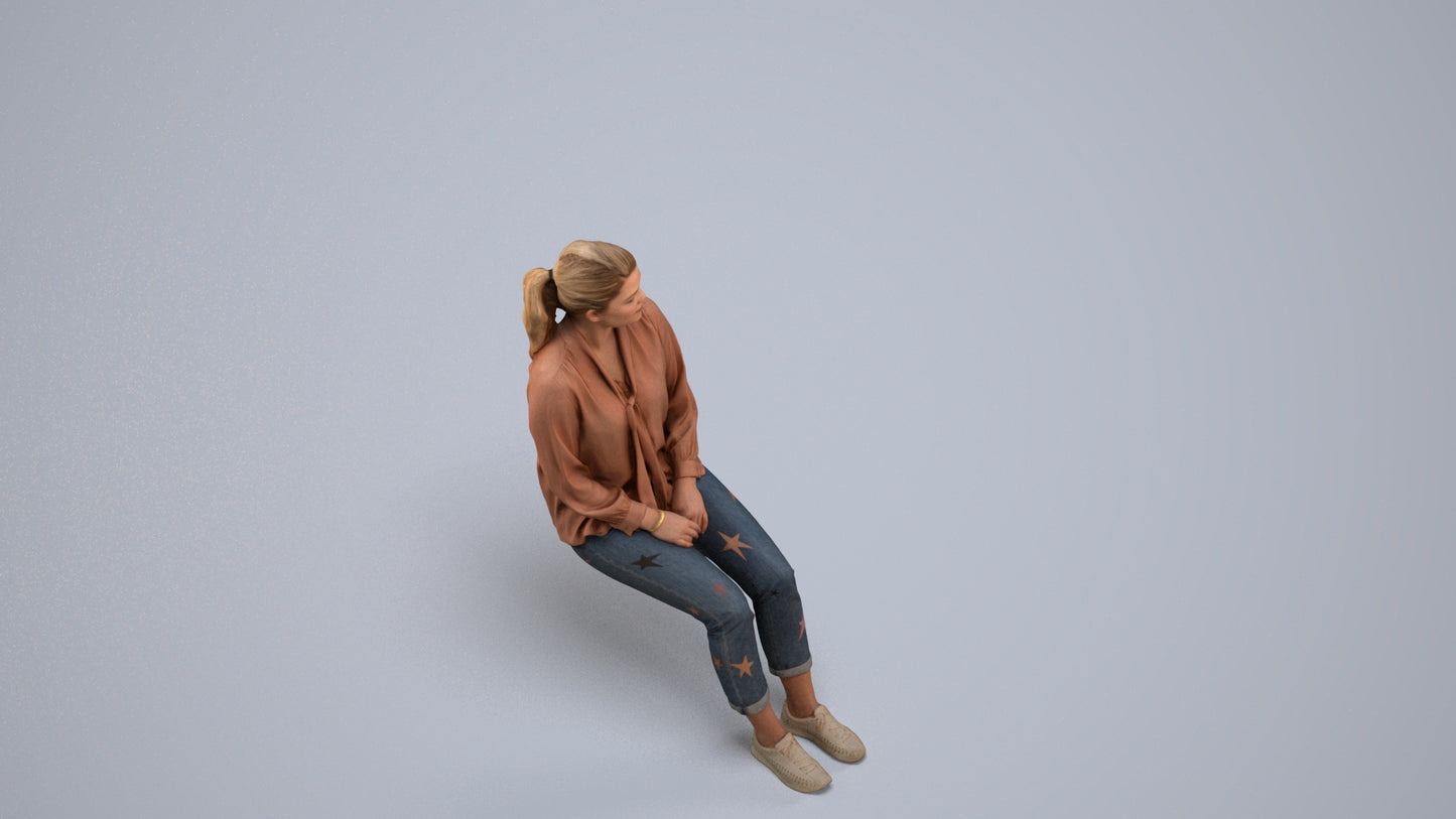 realistic 3D people woman casual sitting, render-ready for V-Ray and Corona, FBX OBJ, back view render