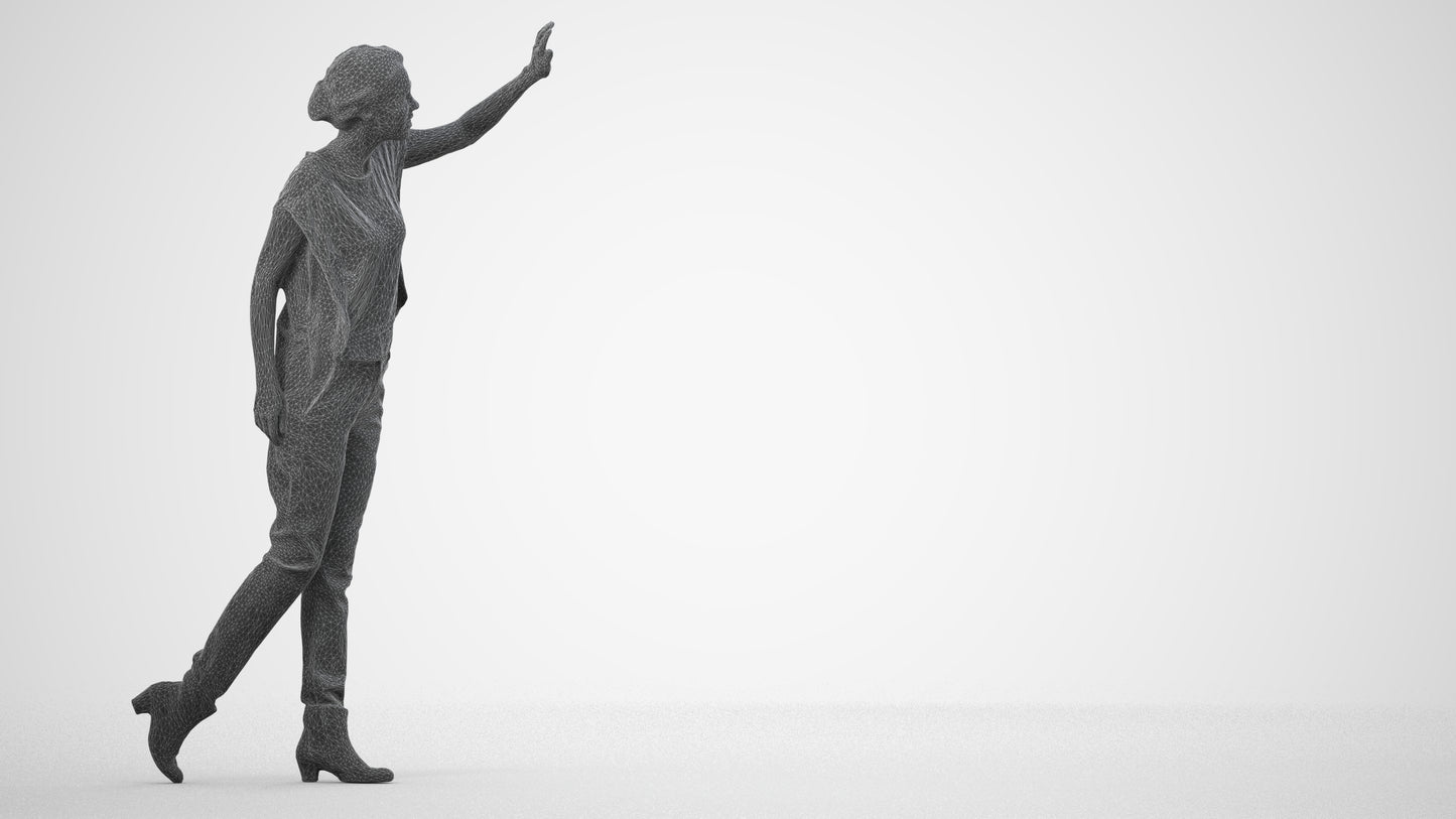 3D scanned woman standing casual, photorealistic archviz people for Enscape and SketchUp, wireframe side view