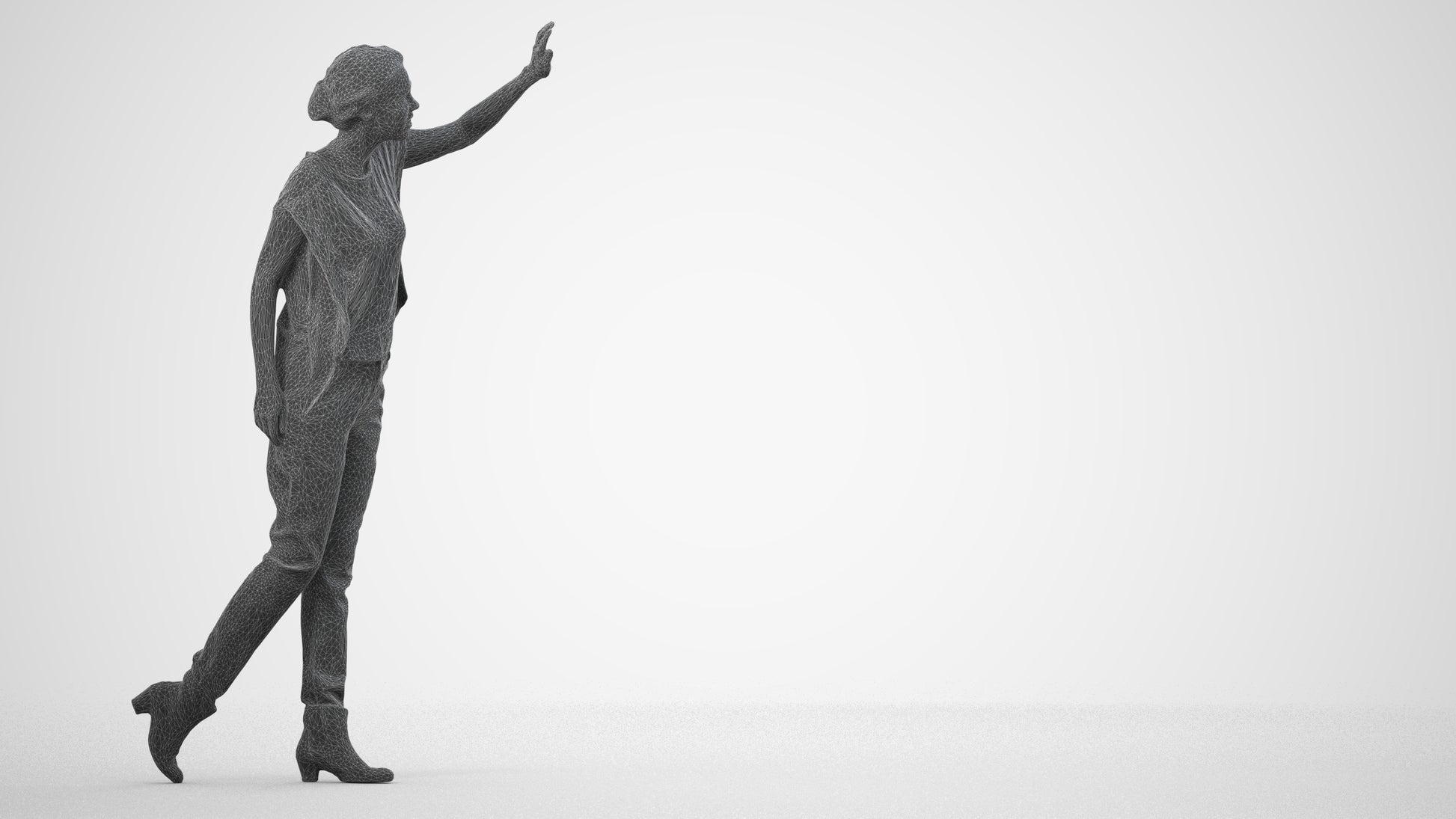 3D scanned woman standing casual, photorealistic archviz people for Enscape and SketchUp, wireframe side view
