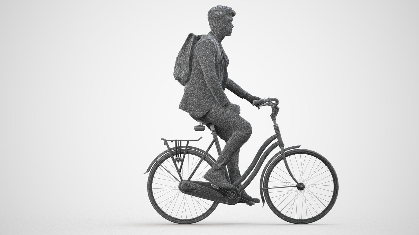 realistic 3D man casual cycling, scanned archviz people for Blender and 3ds Max, wireframe side view