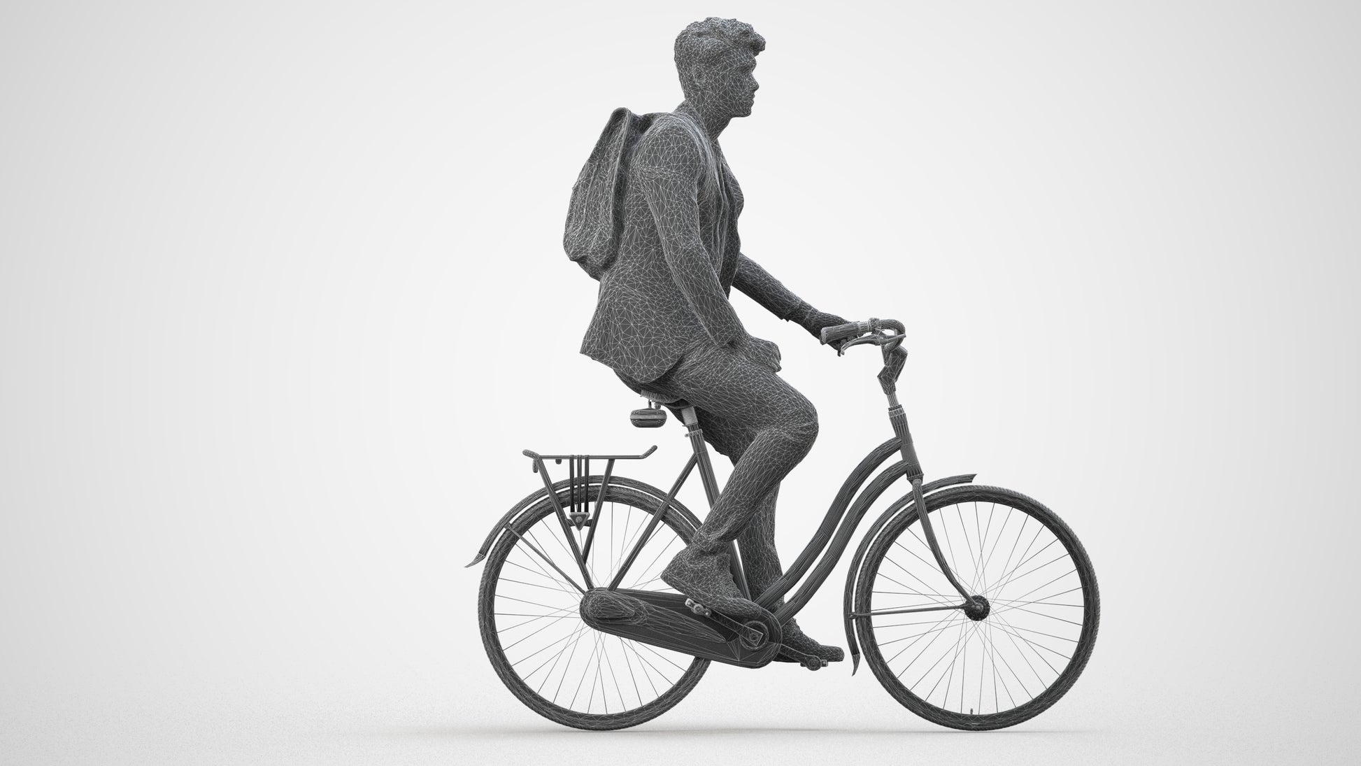 realistic 3D man casual cycling, scanned archviz people for Blender and 3ds Max, wireframe side view