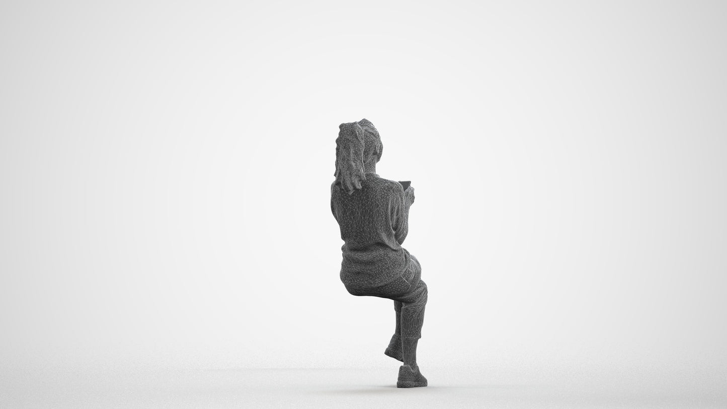 photogrammetry 3D woman casual sitting, realistic human model archviz FBX, wireframe front view