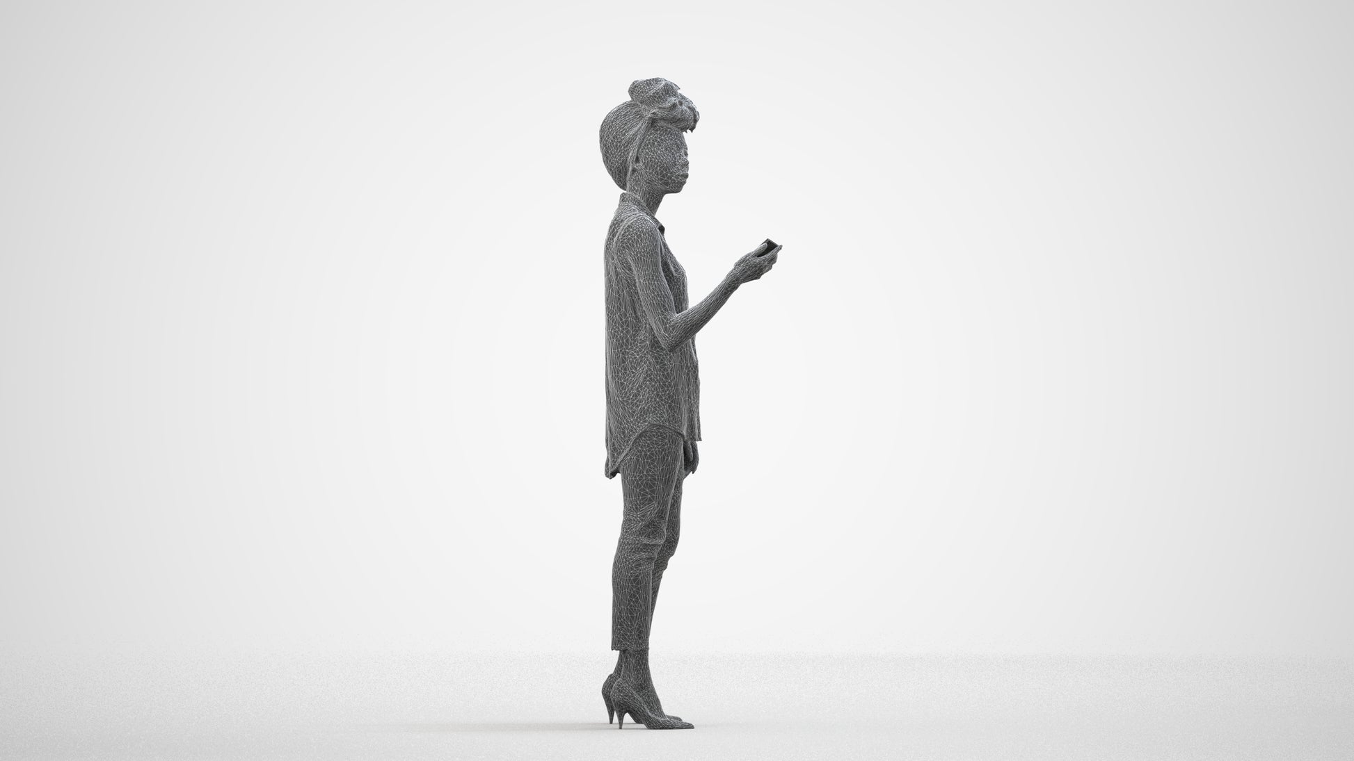 3D scanned woman standing casual, photorealistic archviz people for Enscape and SketchUp, wireframe side view