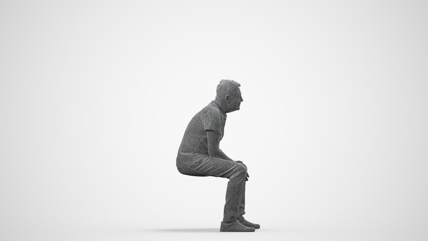 3D people model senior man casual sitting, scanned human for 3ds Max rendering, wireframe side view