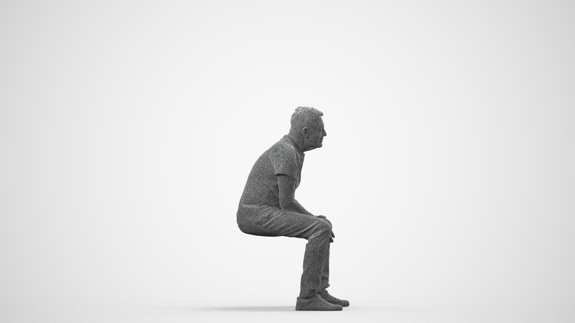 3D people model senior man casual sitting, scanned human for 3ds Max rendering, wireframe side view