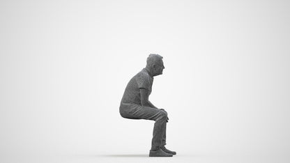 3D people model senior man casual sitting, scanned human for 3ds Max rendering, wireframe side view