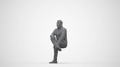 3D human model man casual sitting, photogrammetry scanned person for archviz, wireframe back view