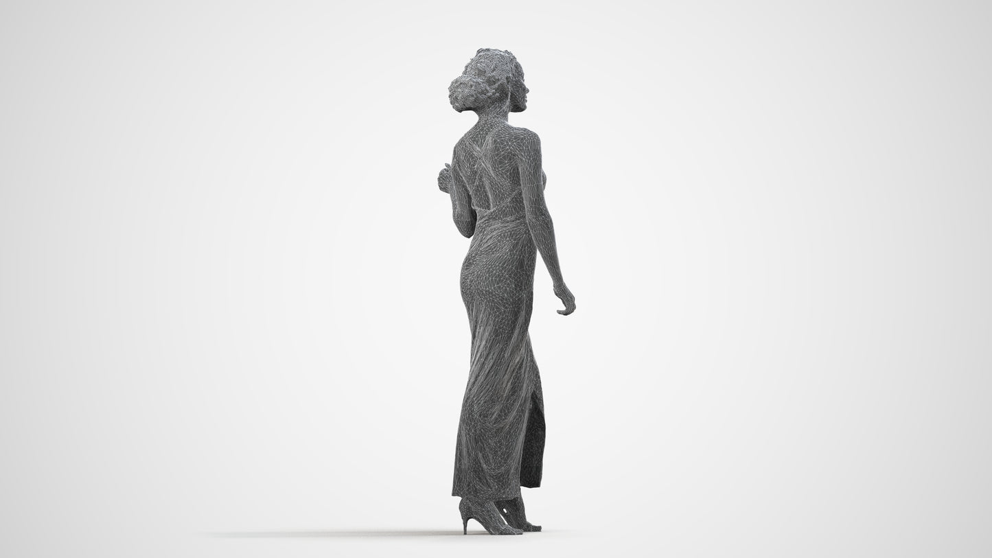 3D human model woman formal formalaffairs, photogrammetry scanned person for archviz, wireframe side view