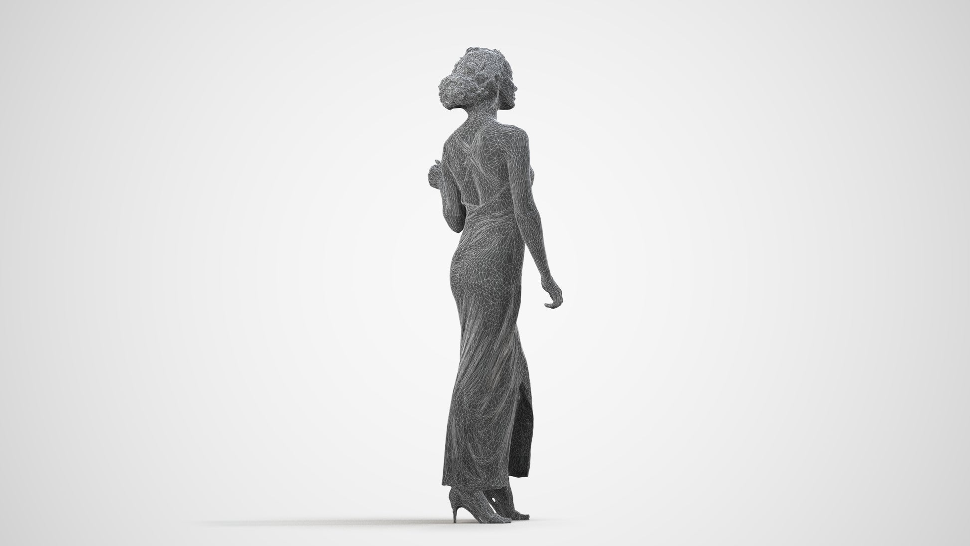 3D human model woman formal formalaffairs, photogrammetry scanned person for archviz, wireframe side view