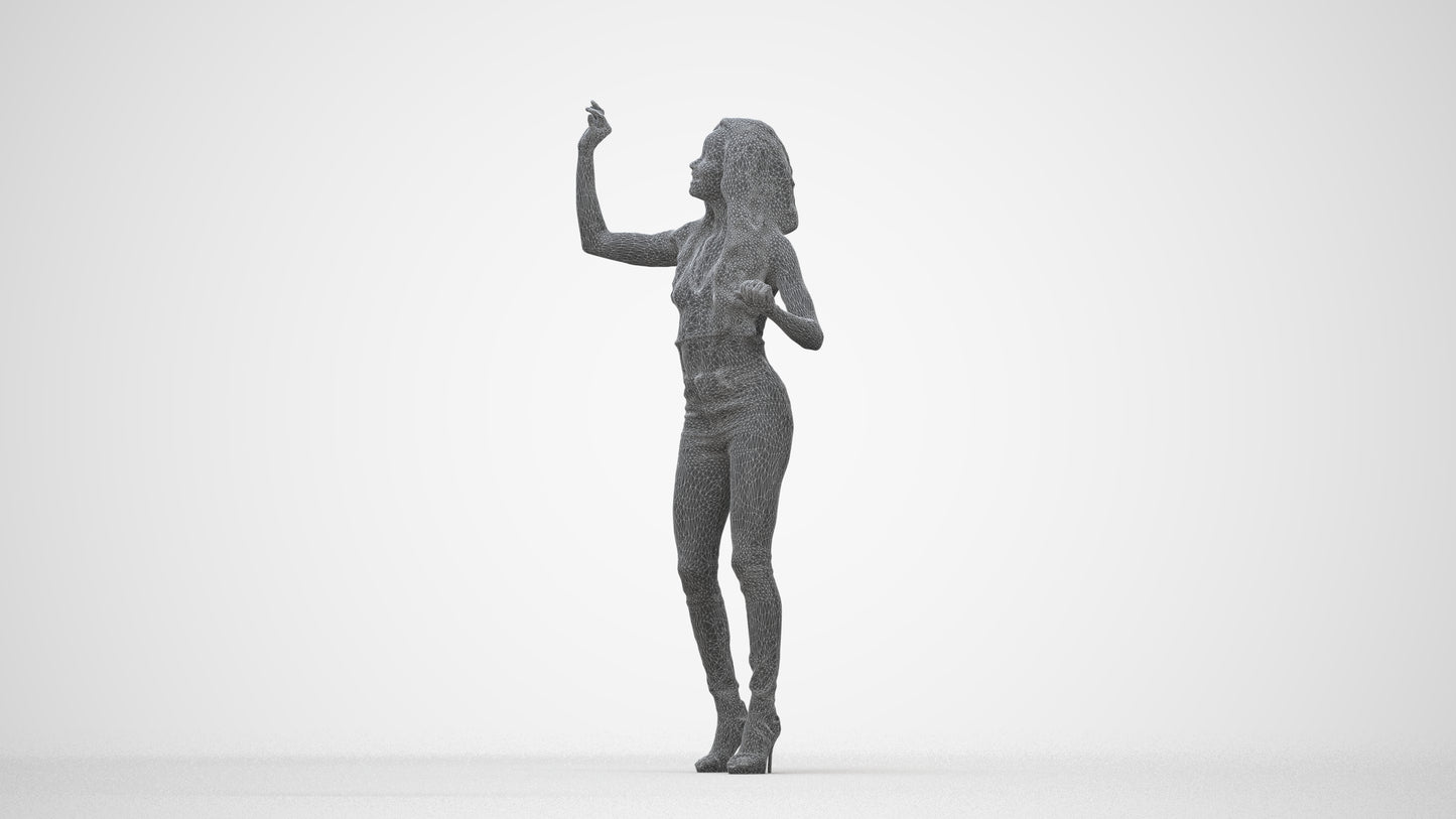 3D human model woman casual standing, photogrammetry scanned person for archviz, wireframe back view