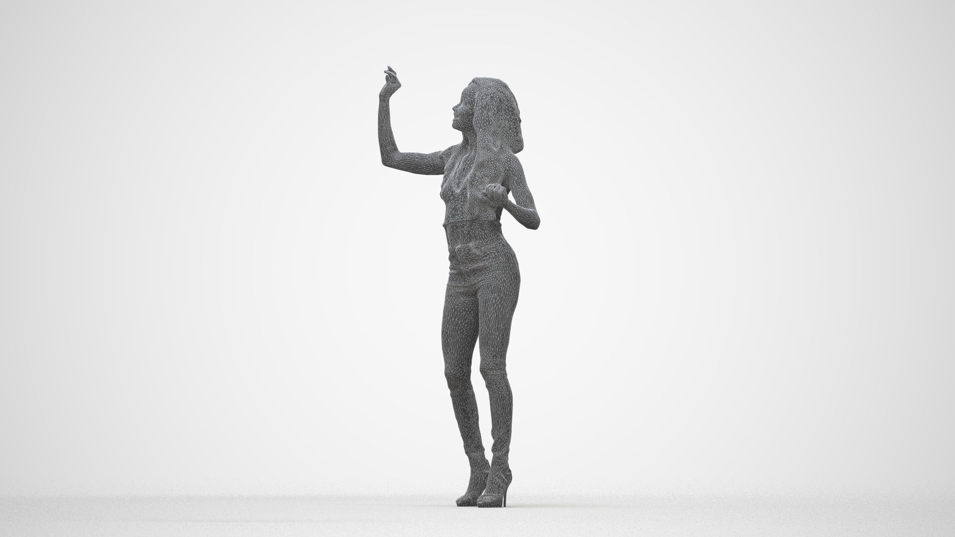 3D human model woman casual standing, photogrammetry scanned person for archviz, wireframe back view