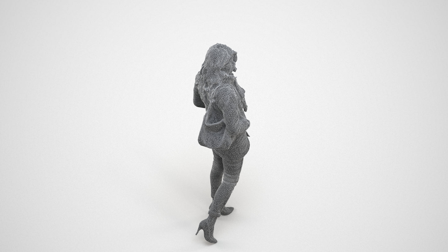 3D scanned woman walking casual, photorealistic archviz people for Enscape and SketchUp, wireframe three-quarter view