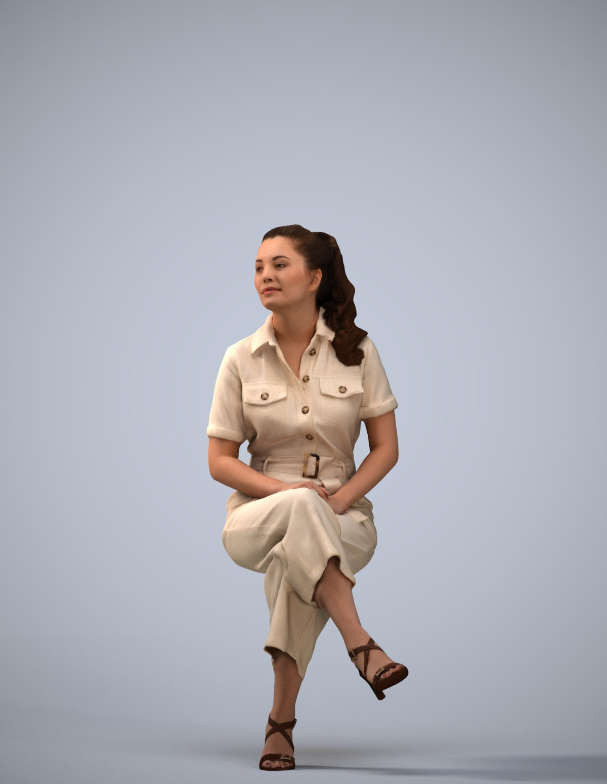 3D scanned woman sitting formal, photorealistic archviz people for Enscape and SketchUp