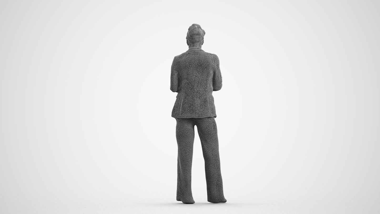 3D human model woman business standing, photogrammetry scanned person for archviz, wireframe front view