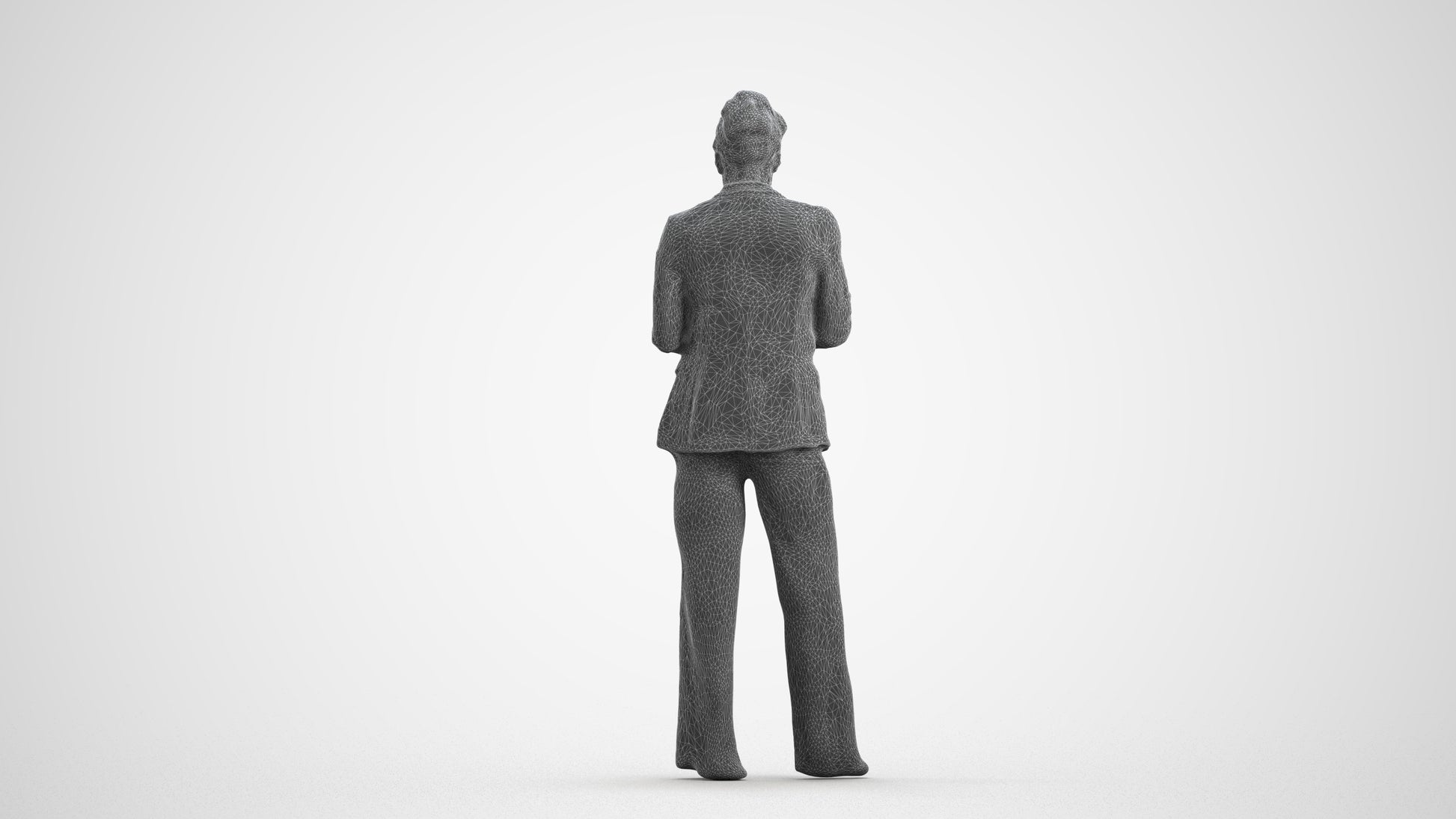 3D human model woman business standing, photogrammetry scanned person for archviz, wireframe front view