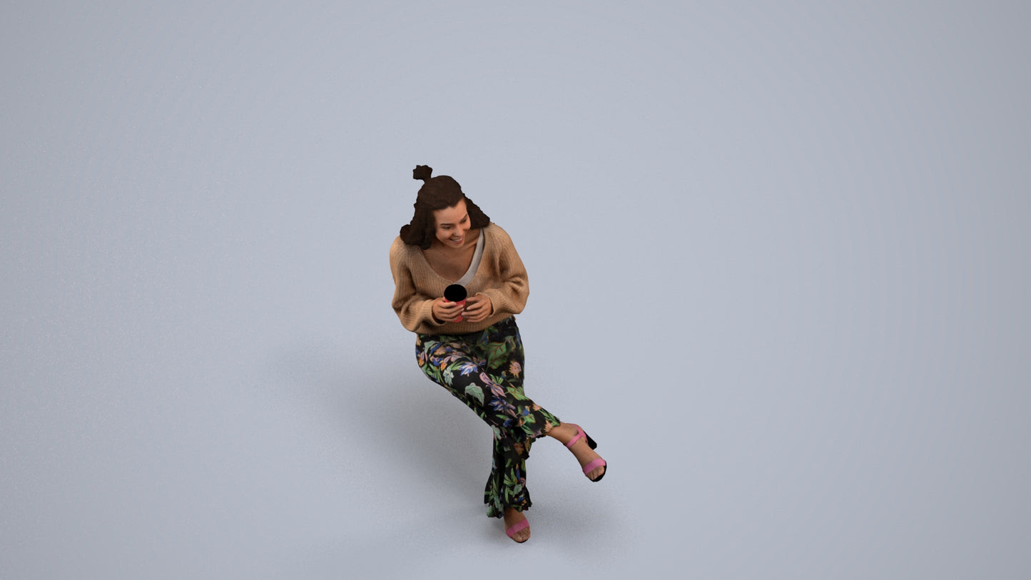 realistic 3D people woman casual sitting, render-ready for V-Ray and Corona, FBX OBJ, back view render