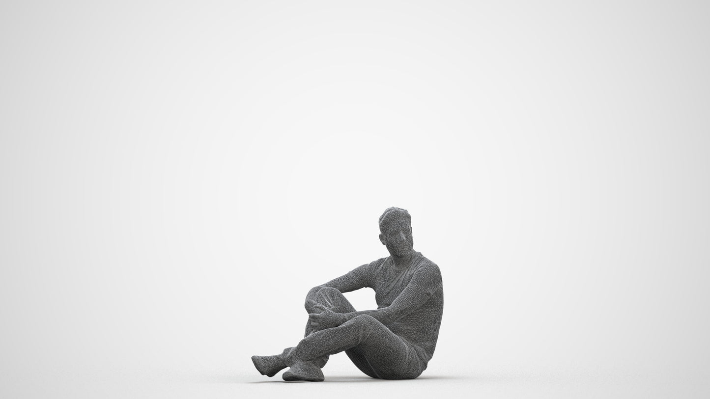 3D people model man casual sitting, scanned human for 3ds Max rendering, three-quarter front view render