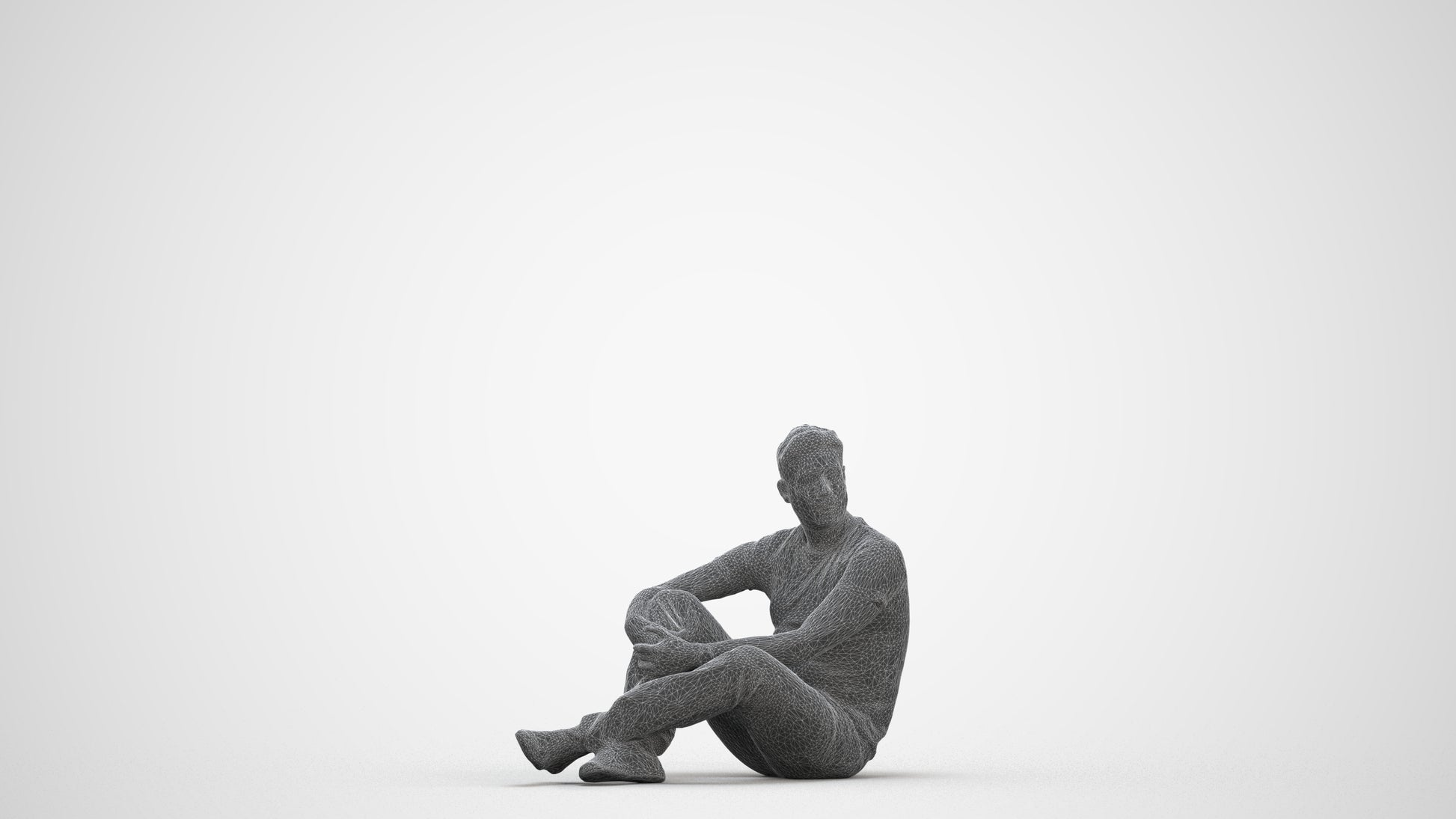 3D people model man casual sitting, scanned human for 3ds Max rendering, three-quarter front view render