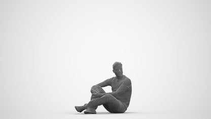 3D people model man casual sitting, scanned human for 3ds Max rendering, three-quarter front view render