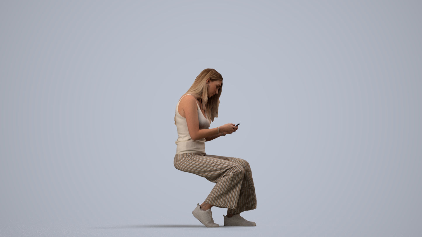 3D human model woman casual sitting, photogrammetry scanned person for archviz, side view render