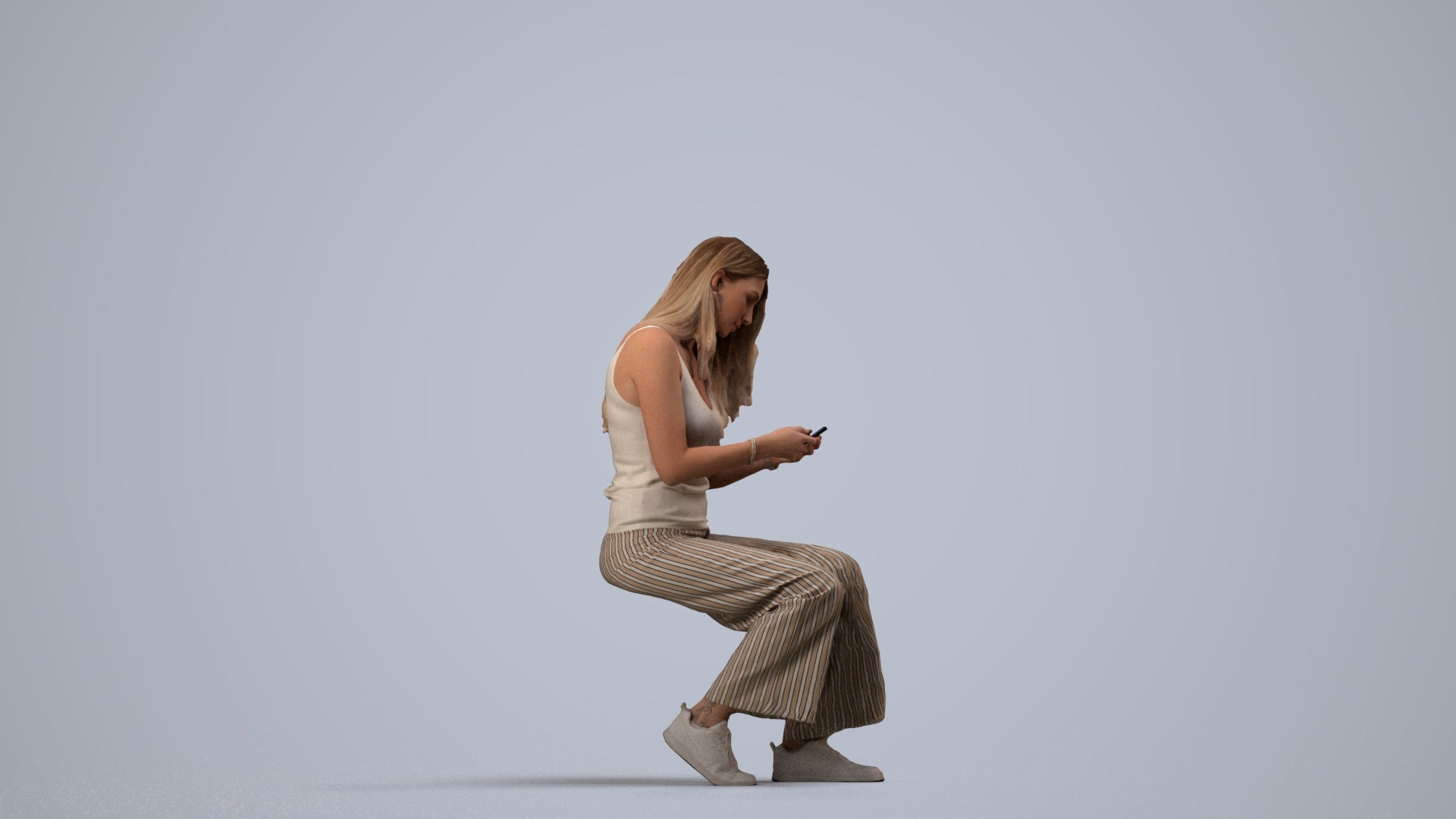 3D human model woman casual sitting, photogrammetry scanned person for archviz, side view render