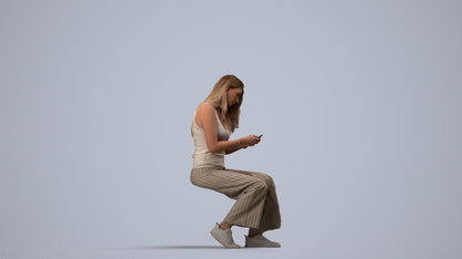 3D human model woman casual sitting, photogrammetry scanned person for archviz, side view render