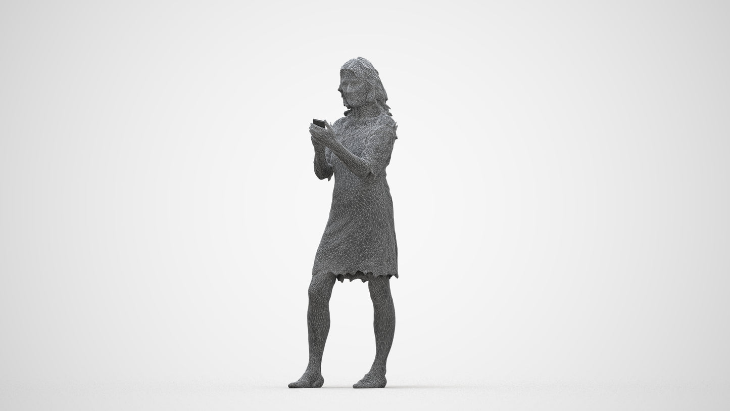 realistic 3D senior woman casual standing, scanned archviz people for Blender and 3ds Max, wireframe back view