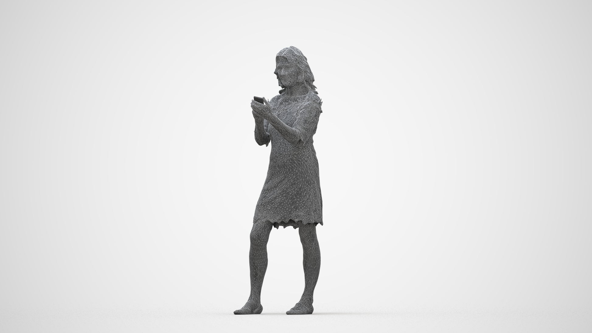 realistic 3D senior woman casual standing, scanned archviz people for Blender and 3ds Max, wireframe back view