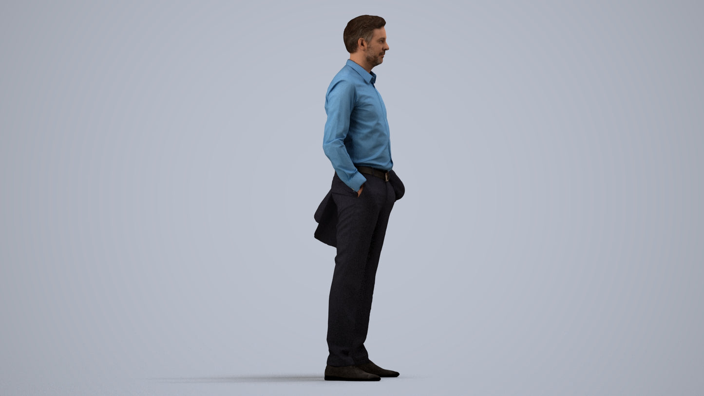 photogrammetry 3D man business, realistic human model archviz FBX, side view render