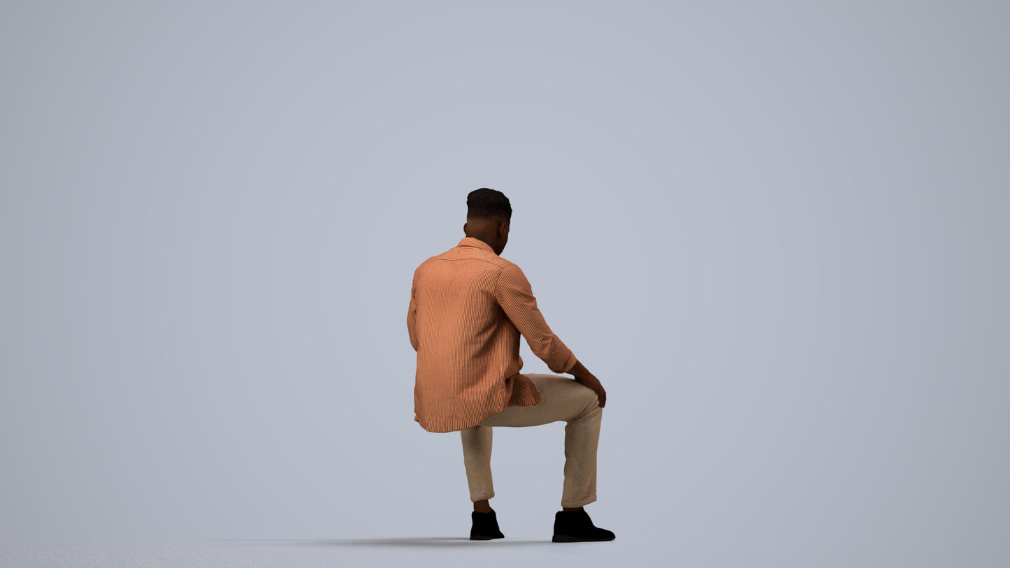 photogrammetry 3D man business sitting, realistic human model archviz FBX, side view render
