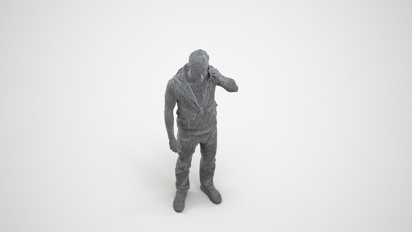 3D human model man casual standing, photogrammetry scanned person for archviz, wireframe three-quarter view