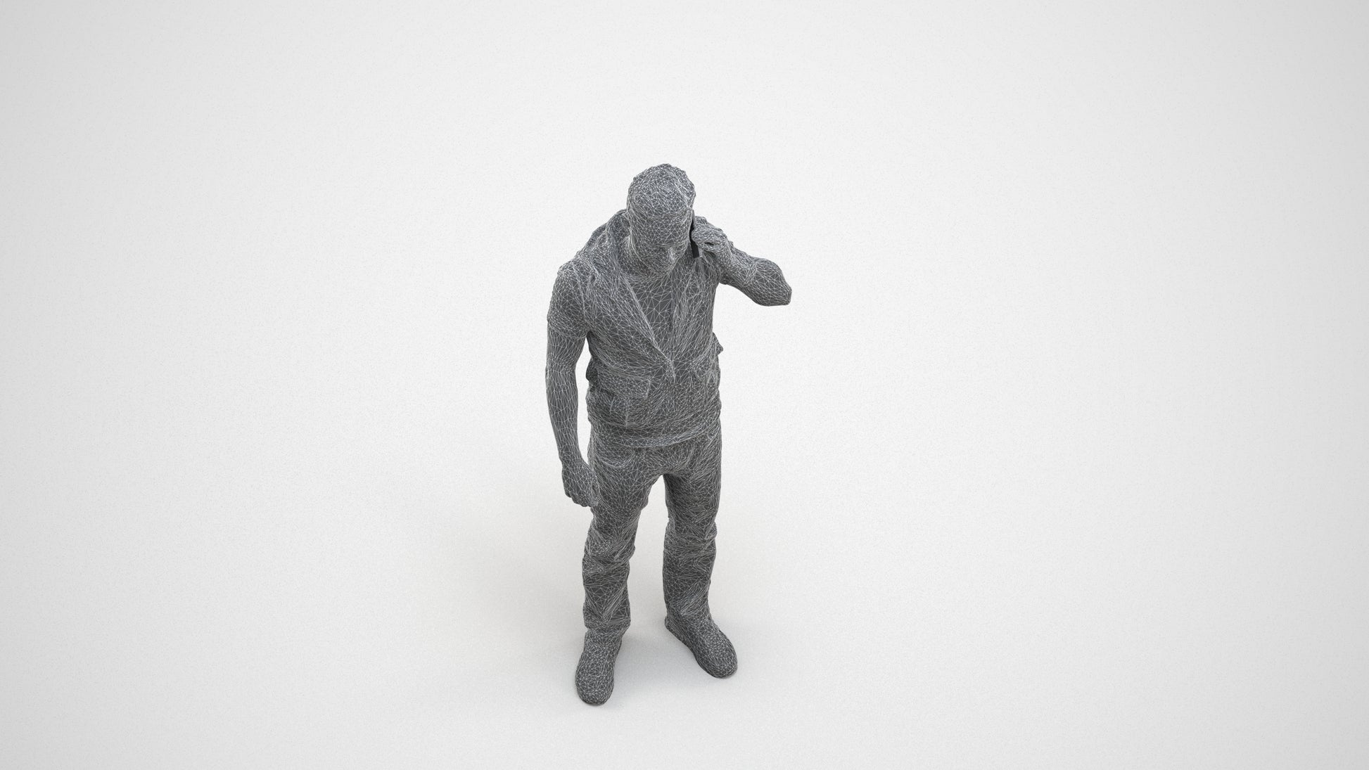 3D human model man casual standing, photogrammetry scanned person for archviz, wireframe three-quarter view
