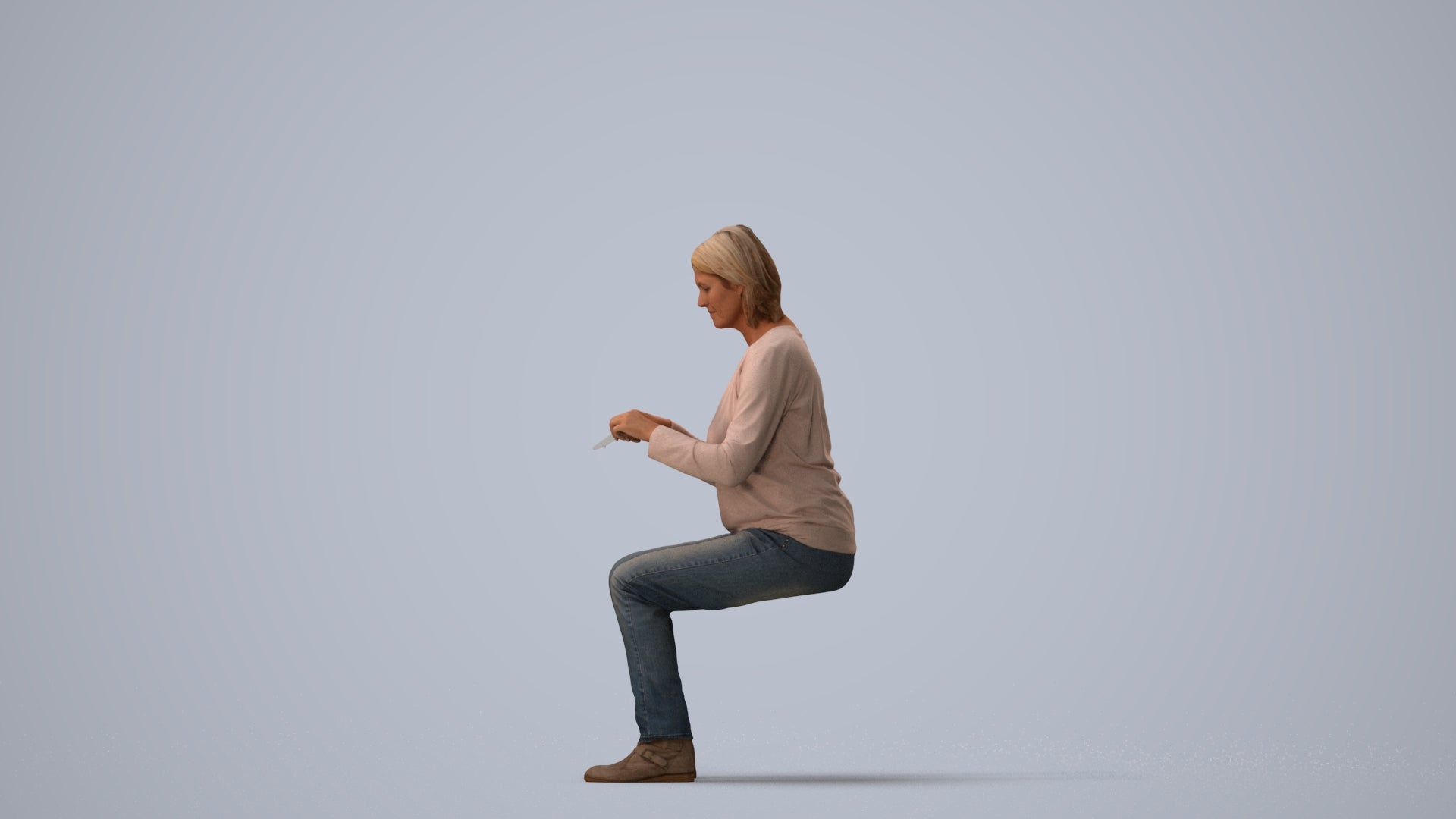 scanned 3D woman casual sitting, photogrammetry people for Enscape and V-Ray, three-quarter view render