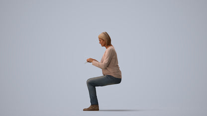 scanned 3D woman casual sitting, photogrammetry people for Enscape and V-Ray, three-quarter view render