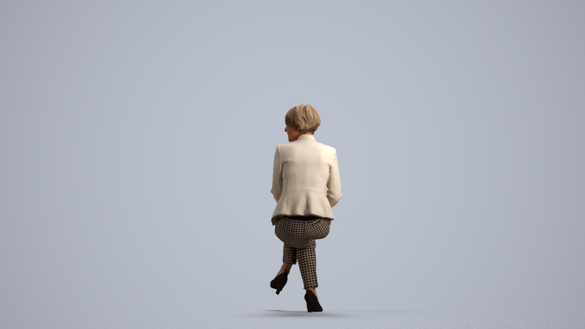 realistic 3D human senior woman business sitting, archviz people FBX OBJ for Blender, front view render