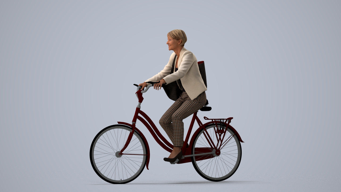 realistic 3D people senior woman business cycling, render-ready for V-Ray and Corona, FBX OBJ, three-quarter view render