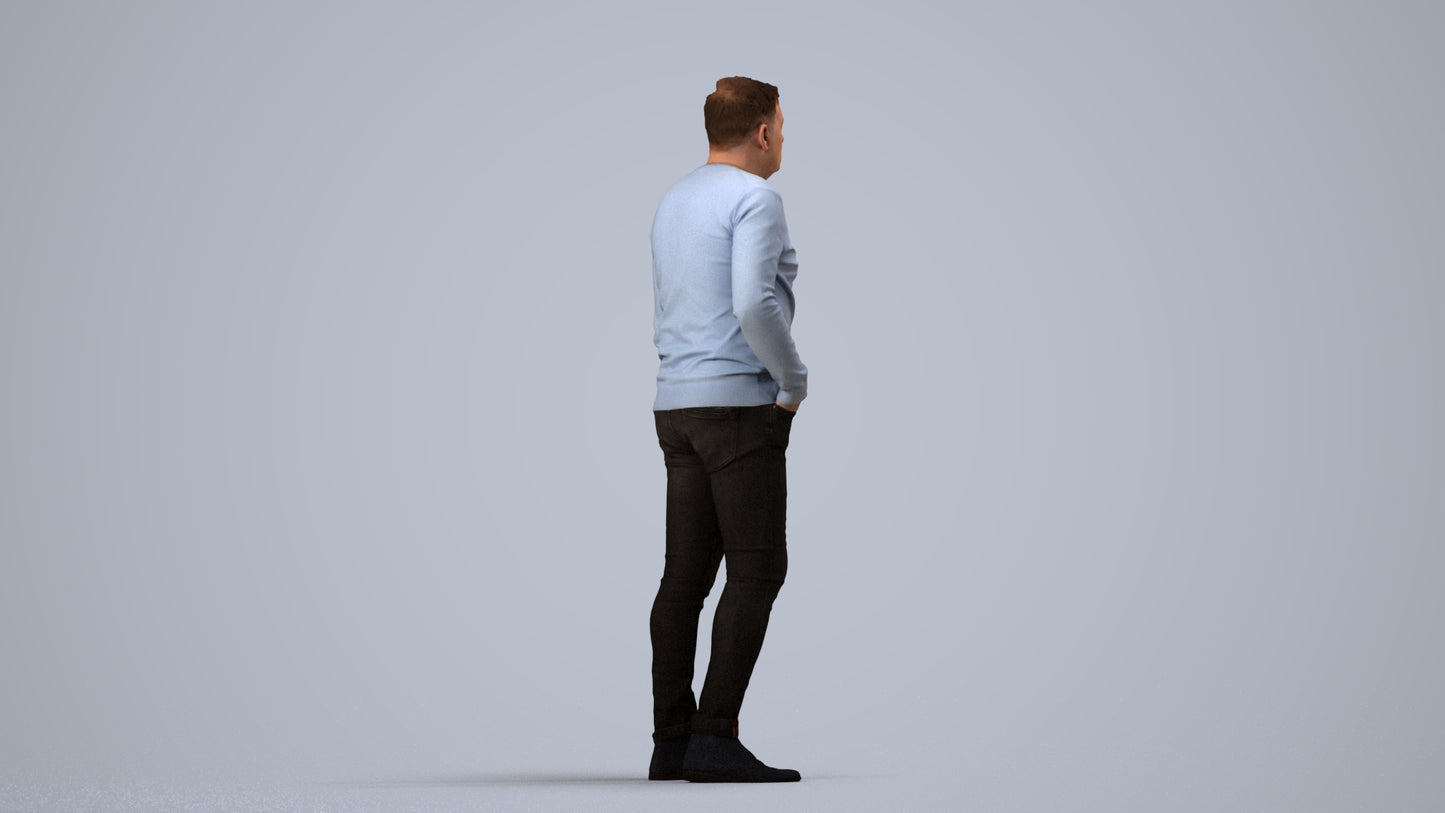 3D human model man casual standing, photogrammetry scanned person for archviz, side view render