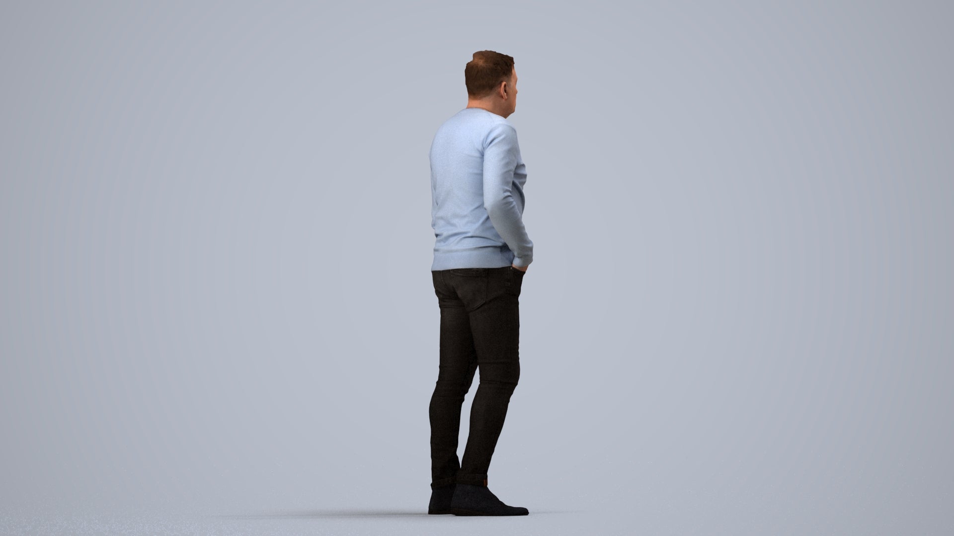 3D human model man casual standing, photogrammetry scanned person for archviz, side view render