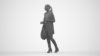 3D human model woman business walking, photogrammetry scanned person for archviz, wireframe back view