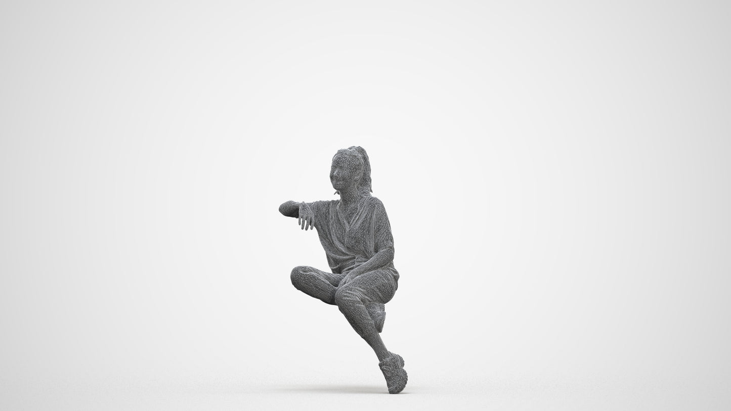 scanned 3D woman casual sitting, photogrammetry people for Enscape and V-Ray, three-quarter front view render
