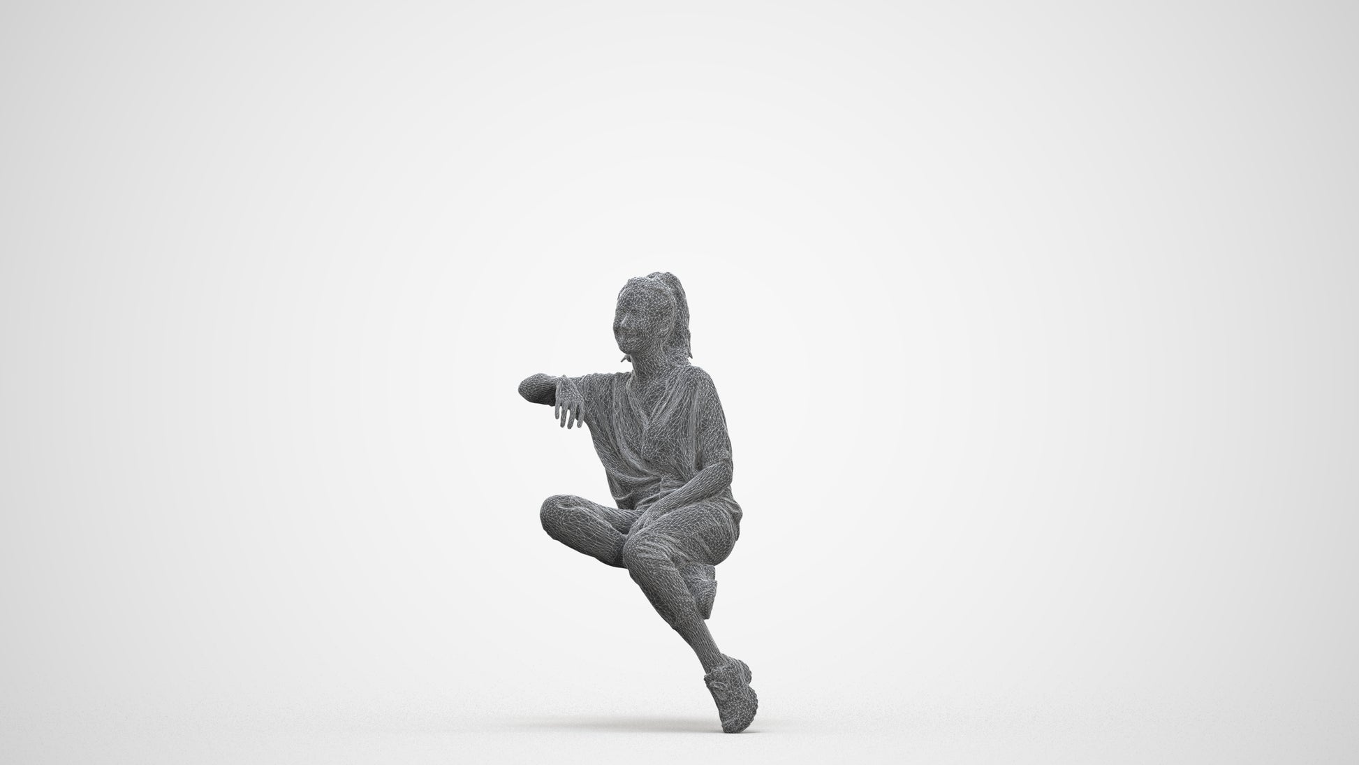 scanned 3D woman casual sitting, photogrammetry people for Enscape and V-Ray, three-quarter front view render