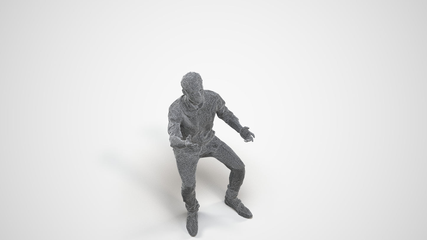 realistic 3D man casual sitting, scanned archviz people for Blender and 3ds Max, wireframe three-quarter view