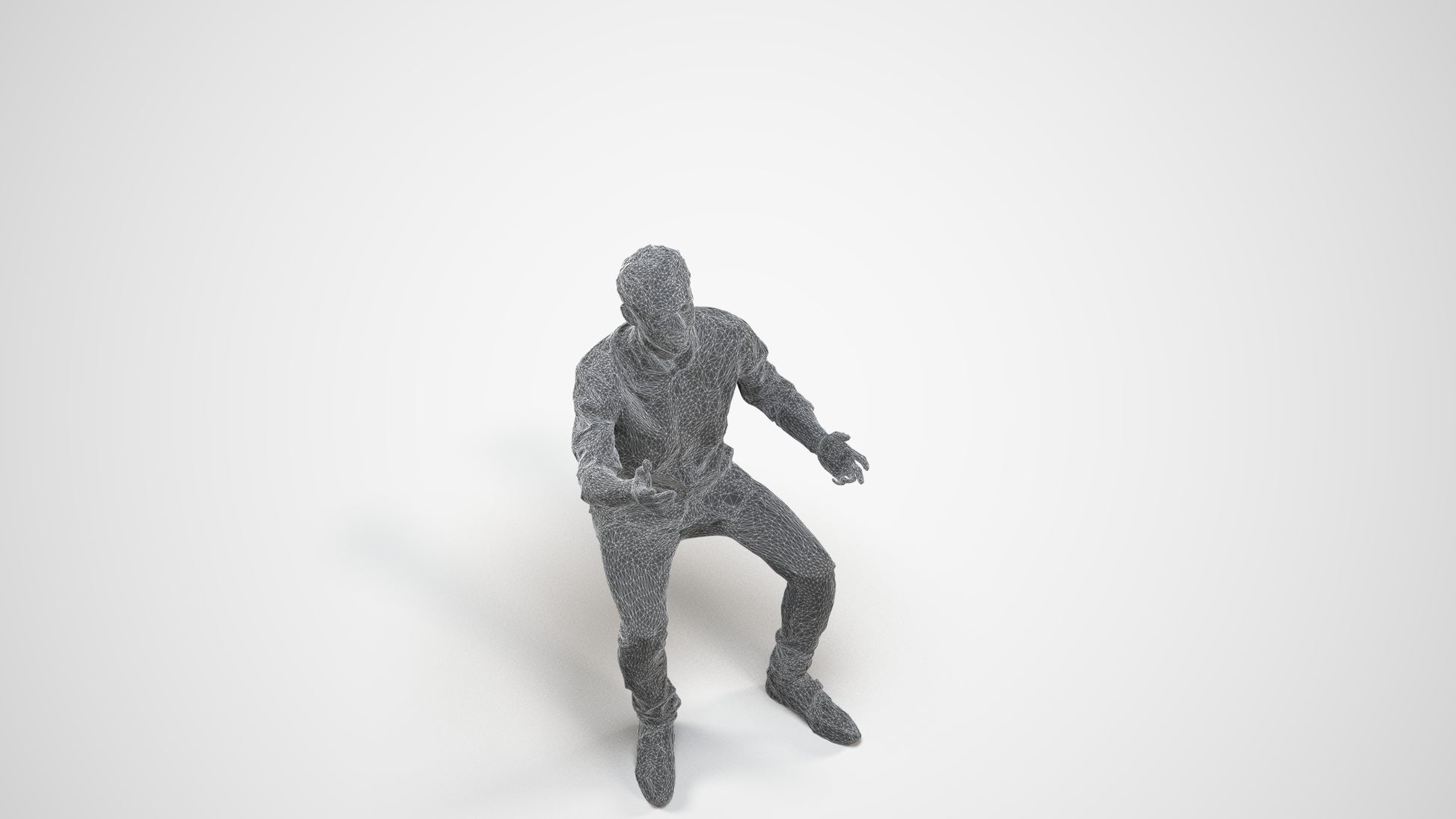 realistic 3D man casual sitting, scanned archviz people for Blender and 3ds Max, wireframe three-quarter view