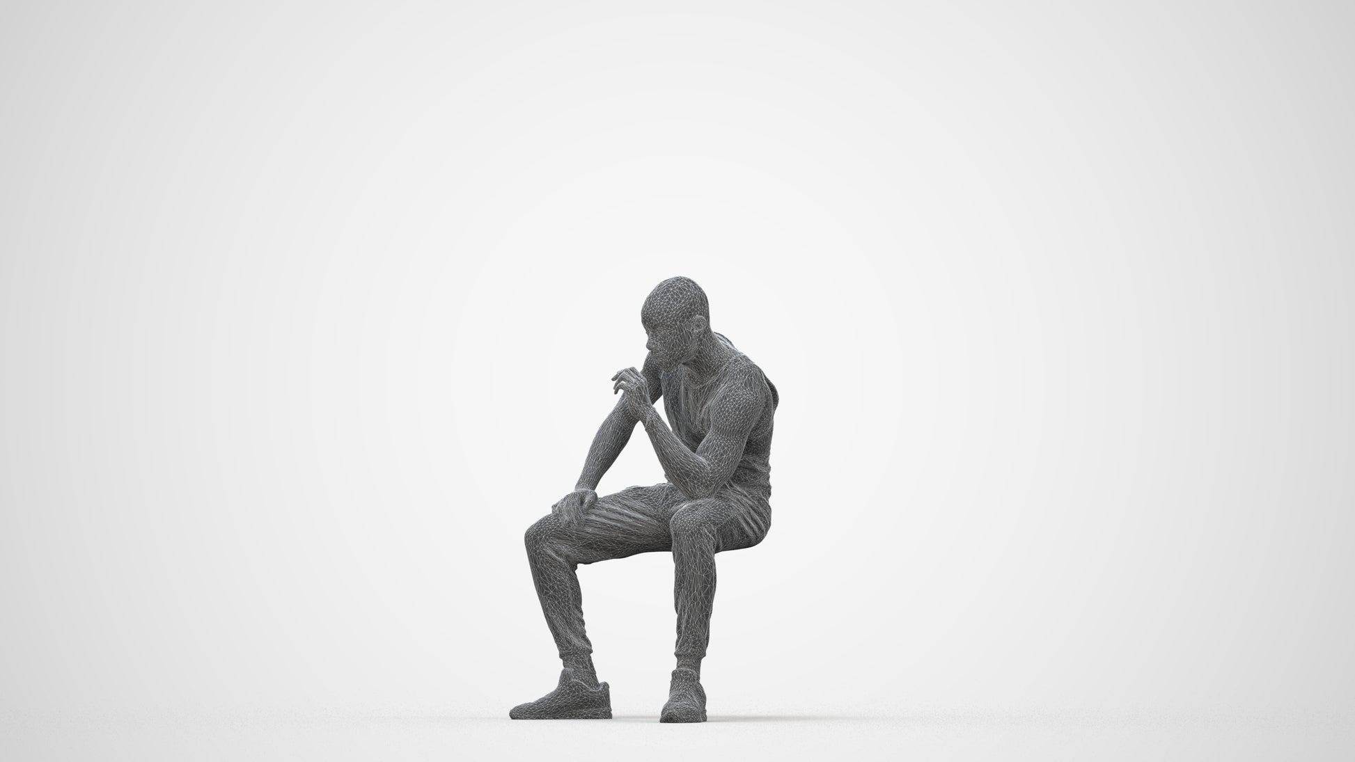 3D human model man casual sitting, photogrammetry scanned person for archviz, wireframe back view