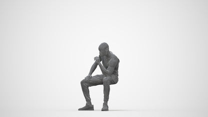 3D human model man casual sitting, photogrammetry scanned person for archviz, wireframe back view