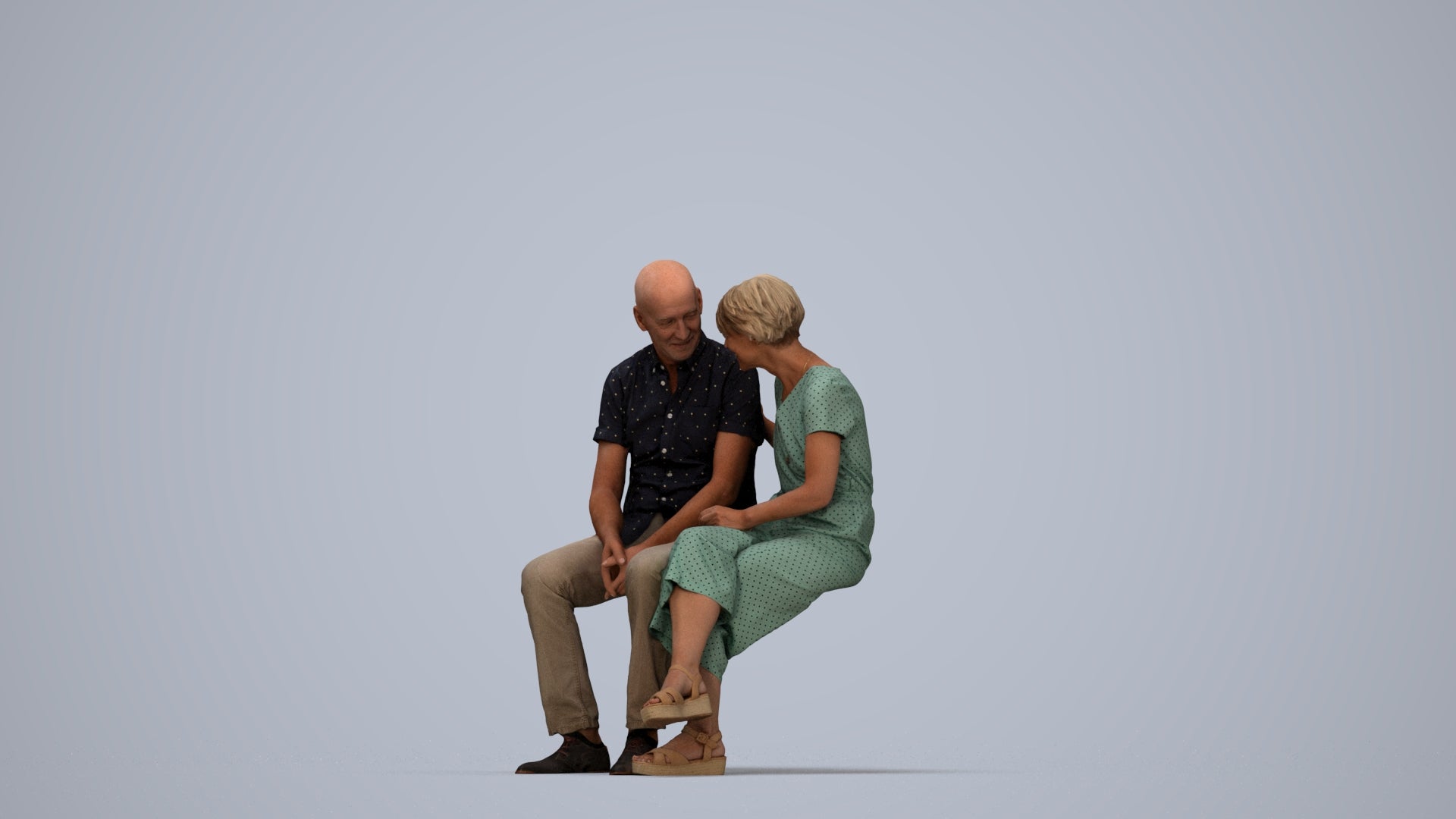 realistic 3D senior woman casual couple, scanned archviz people for Blender and 3ds Max, top-down view render