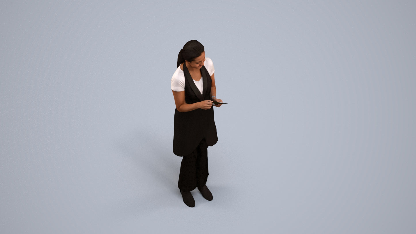 realistic 3D woman hospitality, scanned archviz people for Blender and 3ds Max, back view render