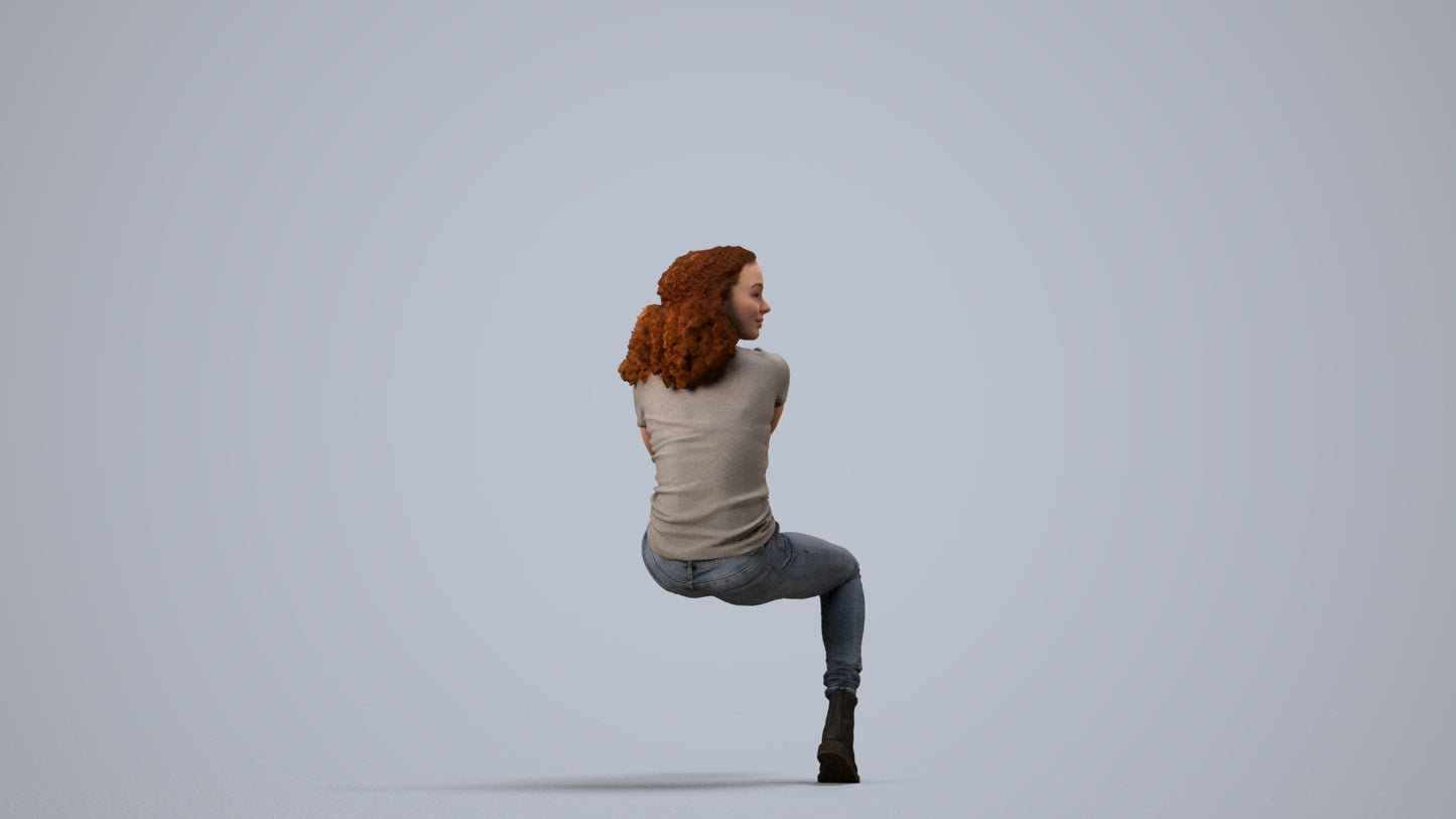 3D people model woman casual sitting, scanned human for 3ds Max rendering, side view render